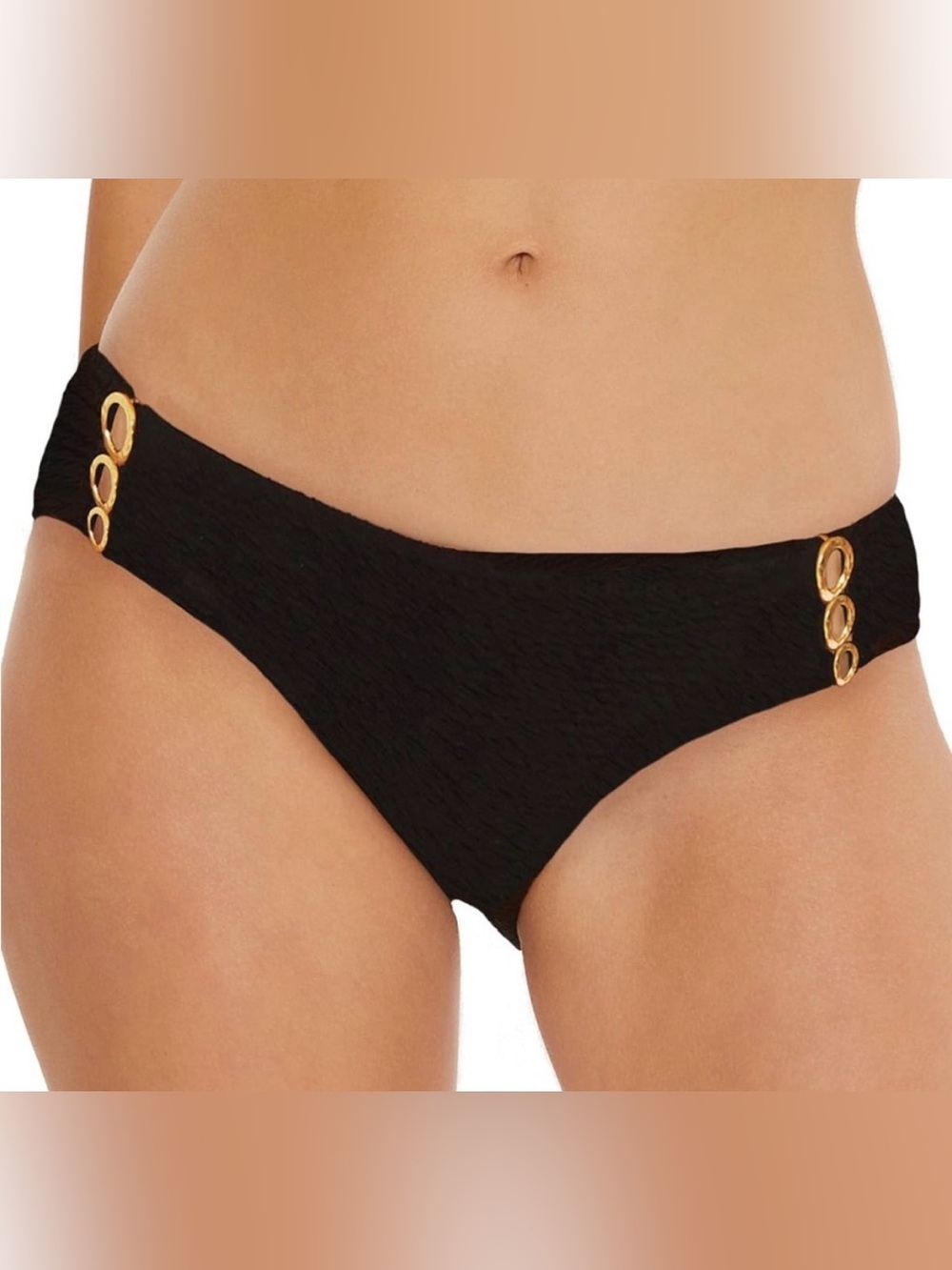 NWT Trina Turk Black Sands Hipster Bikini Bottom Cheeky Gold Hardware Size 12